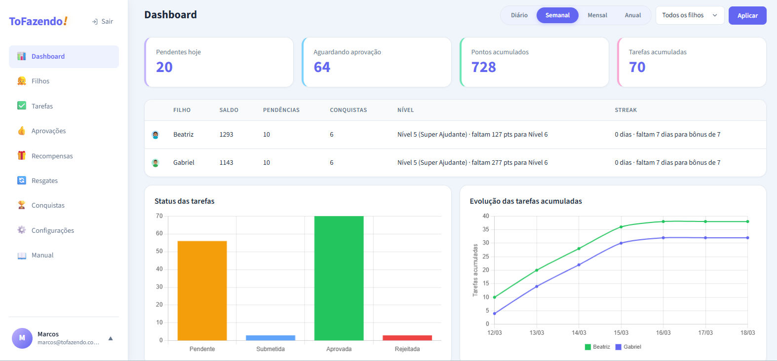Dashboard do responsável